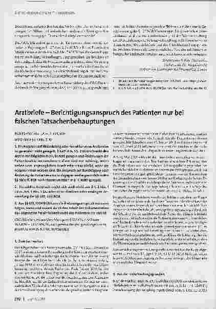Vorschauseite 1: Arztbriefe - Berichtigungsanspruch des Patienten nur bei falschen Tatsachenbehauptungen
