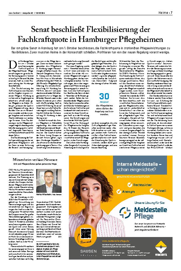 Vorschauseite 1: Senat beschließt Flexibilisierung der Fachkraftquote in Hamburger Pflegeheimen