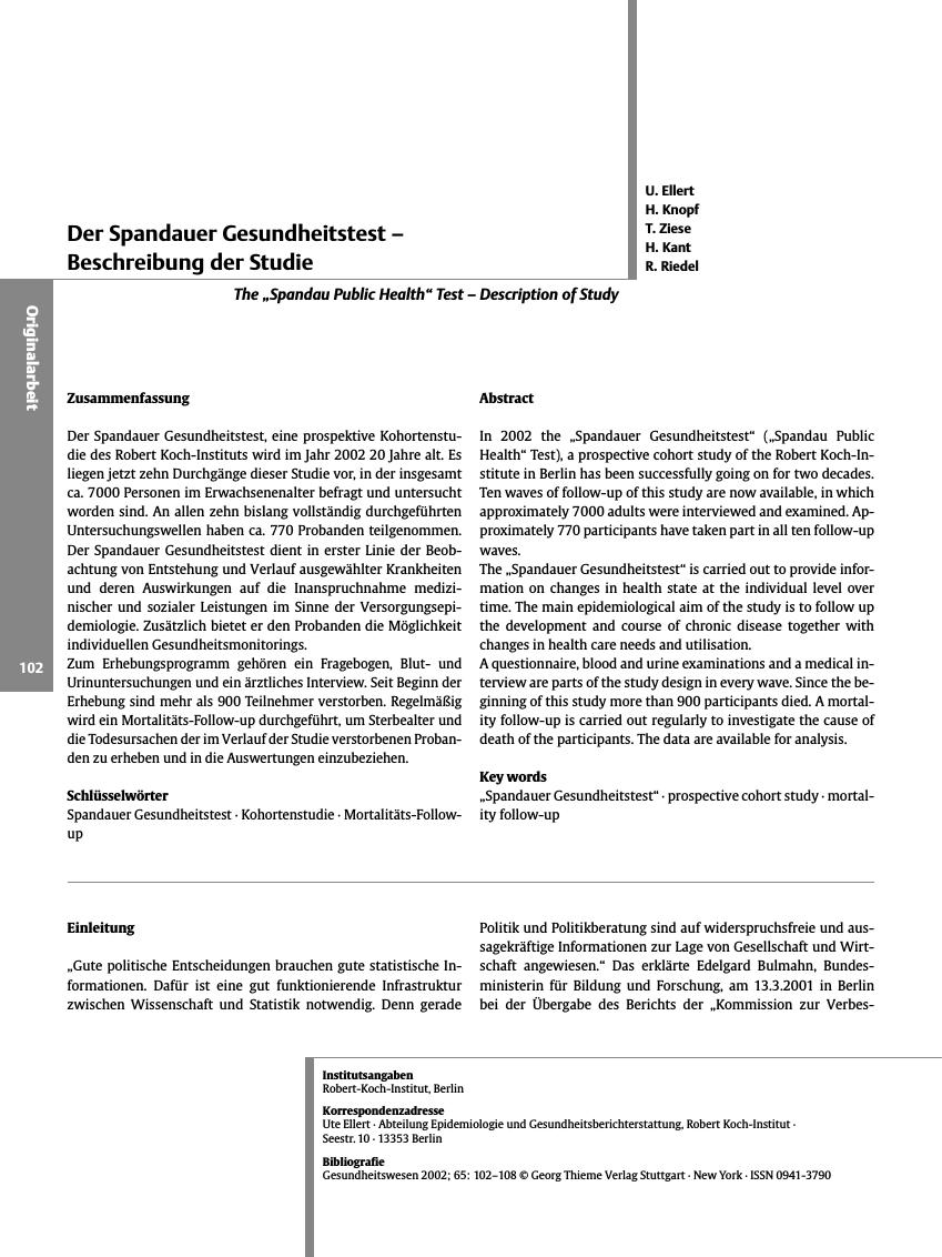 Vorschauseite 1: Der Spandauer Gesundheitstest - Beschreibung der Studie