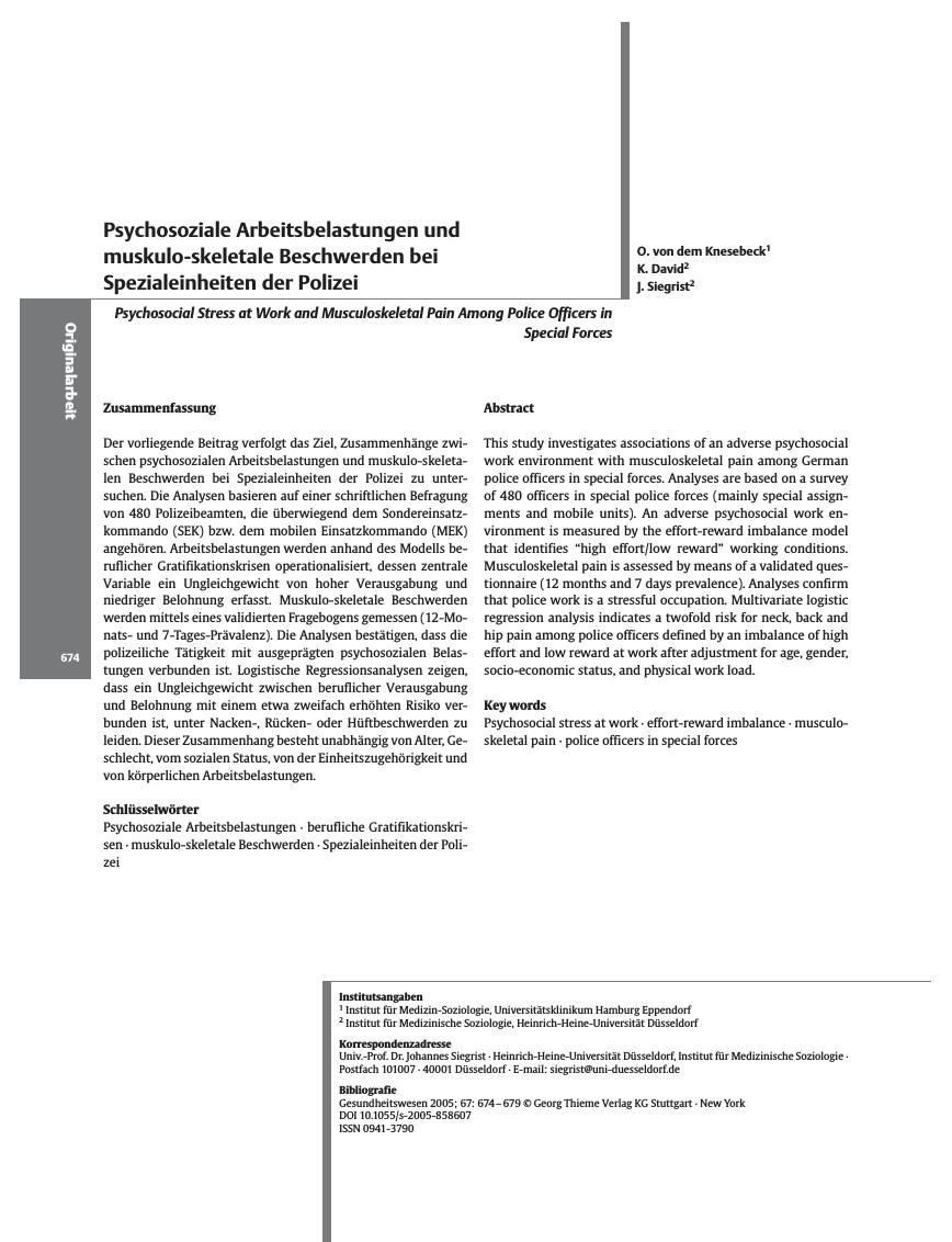 Vorschauseite 1: Psychosoziale Arbeitsbelastungen und muskulo-skeletale Beschwerden bei Spezialeinheiten der Polizei