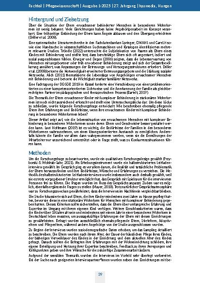 Vorschauseite 3: Erfahrungen und Bedürfnisse ehemaliger pflegender Eltern von erwachsenen Kindern mit komplexer Behinderung in besonderen Wohnformen Eine qualitative Studie