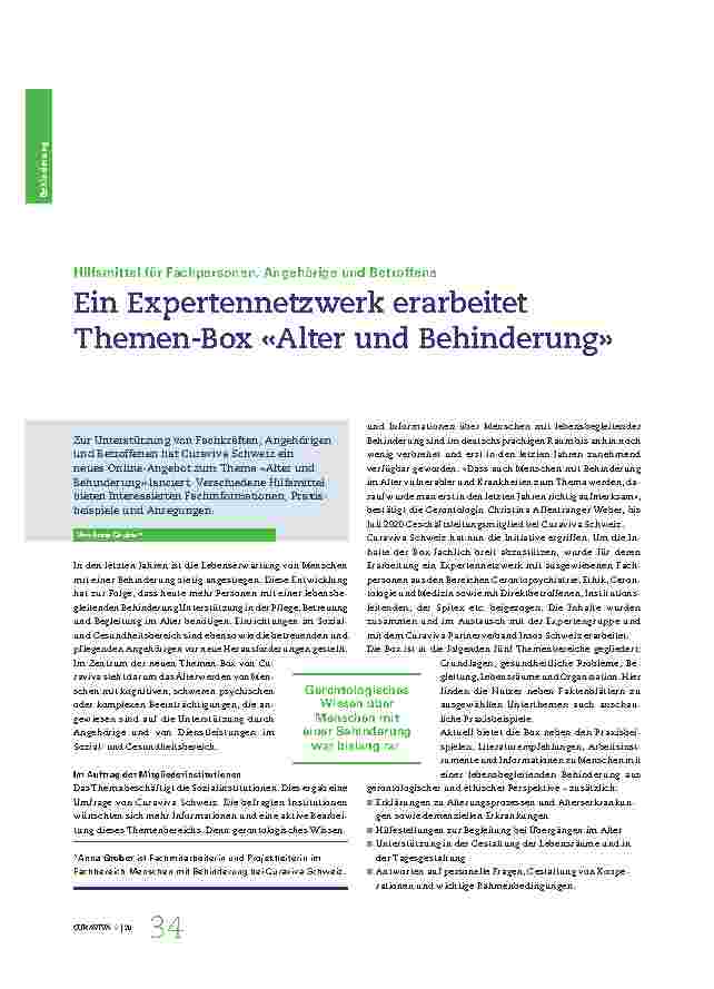 Vorschauseite 1: Hilfsmittel für Fachpersonen, Angehörige und Betroffene. Ein Expertennetzwerk erarbeitet Themen-Box "Alter und Behinderung".