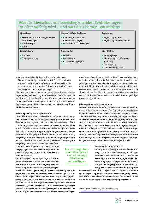 Vorschauseite 2: Hilfsmittel für Fachpersonen, Angehörige und Betroffene. Ein Expertennetzwerk erarbeitet Themen-Box "Alter und Behinderung".