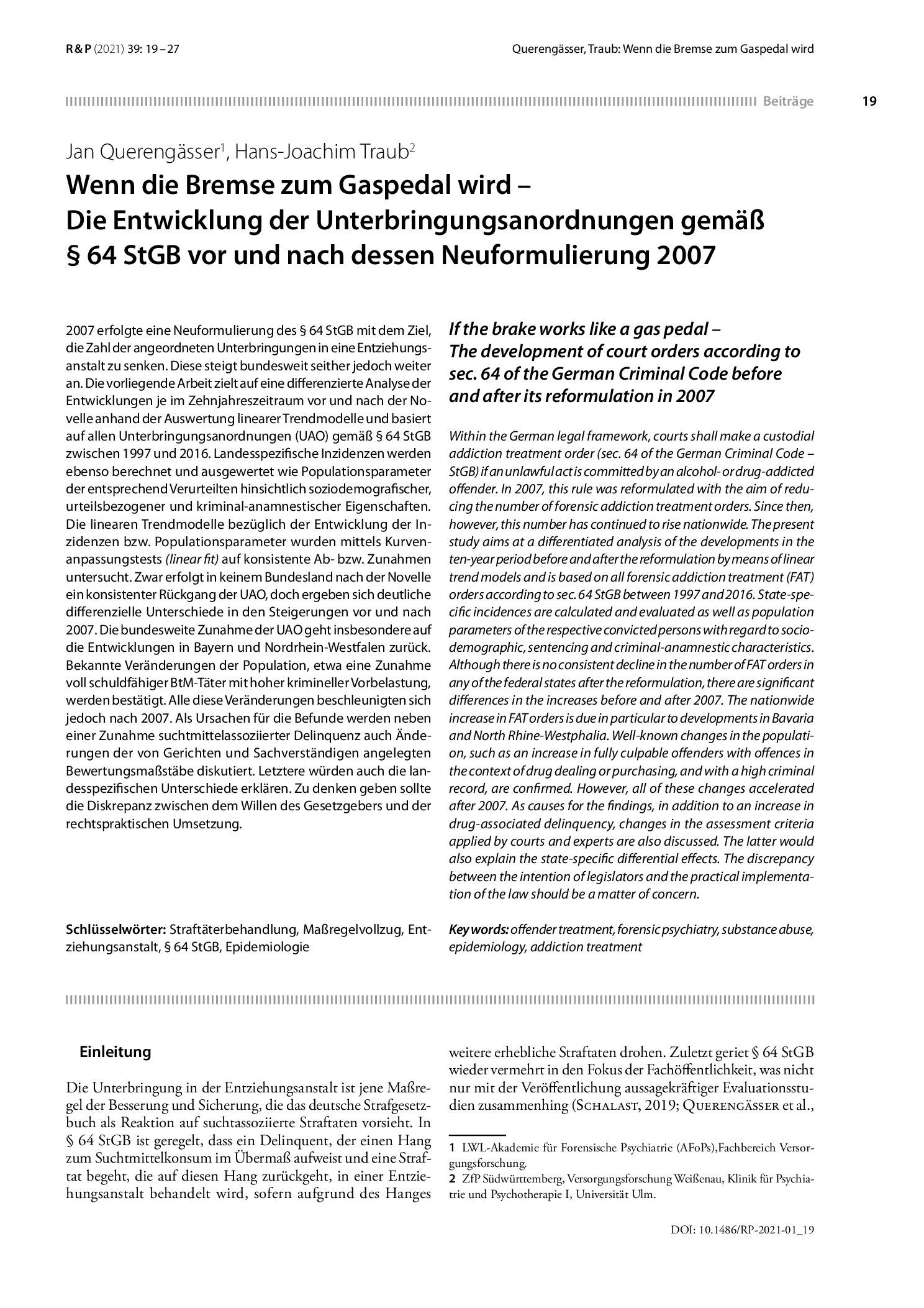 Vorschauseite 1: Wenn die Bremse zum Gaspedal wird – Die Entwicklung der Unterbringungsanordnungen gemäß § 64 StGB vor und nach dessen Neuformulierung 2007