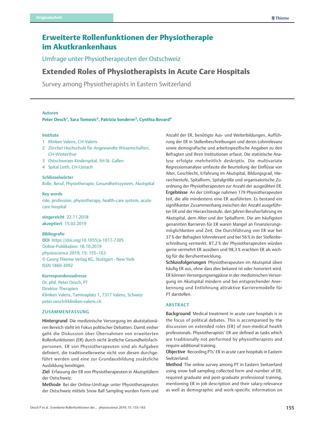 Vorschauseite 1: Erweiterte Rollenfunktionen der Physiotherapie im Akutkrankenhaus – Umfrage unter Physiotherapeuten der Ostschweiz
