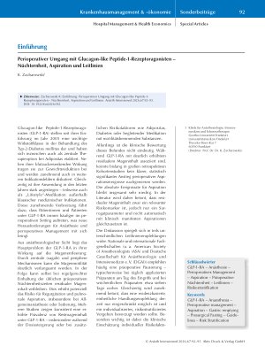 Vorschauseite 1: Perioperativer Umgang mit Glucagon-like Peptide-1-Rezeptoragonisten – Nüchternheit, Aspiration und Leitlinien