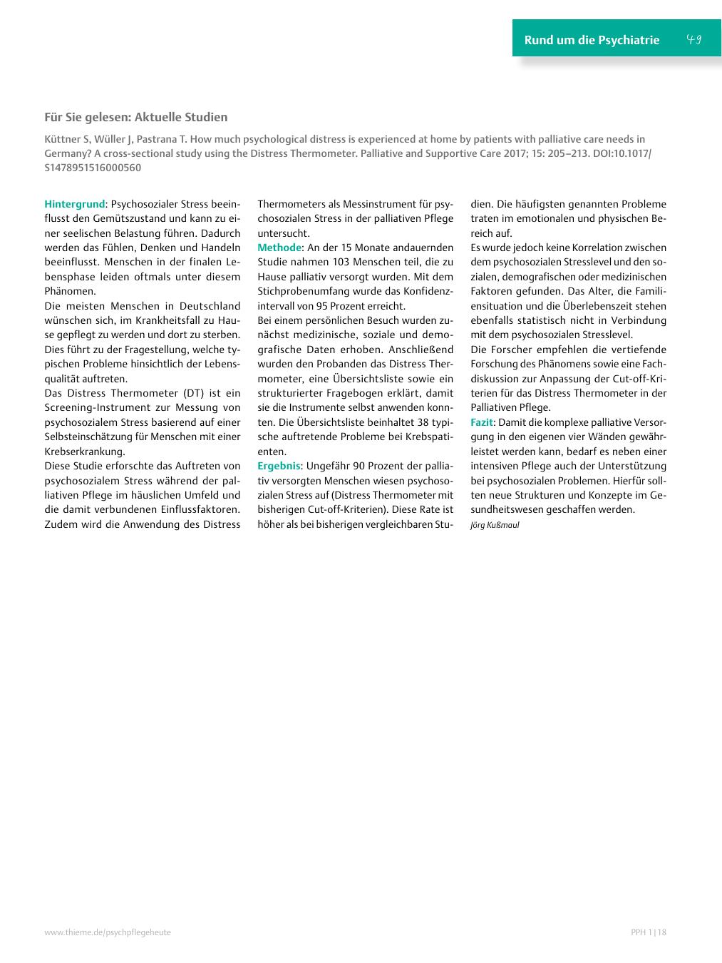 Vorschauseite 1: Für Sie gelesen: Küttner S, Wüller J, Pastrana T. How much psychological distress is experienced at home by patients with palliative care needs in Germany? A cross-sectional study…