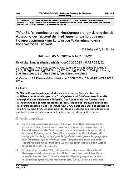 Vorschauseite 1: TV-L-Stufenzuordnung nach Herabgruppierung – durchgehende Ausübung der Tätigkeit der niedrigeren Entgeltgruppe nach Höhergruppierung – nur kurzfristige Wahrnehmung einer höherwert…