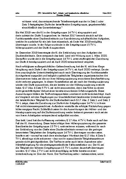 Vorschauseite 4: TV-L-Stufenzuordnung nach Herabgruppierung – durchgehende Ausübung der Tätigkeit der niedrigeren Entgeltgruppe nach Höhergruppierung – nur kurzfristige Wahrnehmung einer höherwert…
