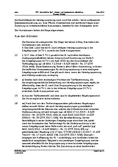 Vorschauseite 5: TV-L-Stufenzuordnung nach Herabgruppierung – durchgehende Ausübung der Tätigkeit der niedrigeren Entgeltgruppe nach Höhergruppierung – nur kurzfristige Wahrnehmung einer höherwert…