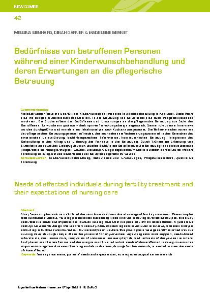 Vorschauseite 1: Bedürfnisse von betroffenen Personen während einer Kinderwunschbehandlung und deren Erwartungen an die pflegerische Betreuung