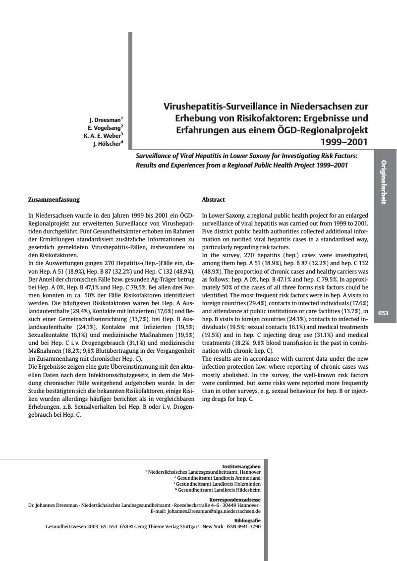 Vorschauseite 1: Virushepatitis-Surveillance in Niedersachsen zur Erhebung von Risikofaktoren: Ergebnisse und Erfahrungen aus einem ÖGD-Regionalprojekt 1999-2001