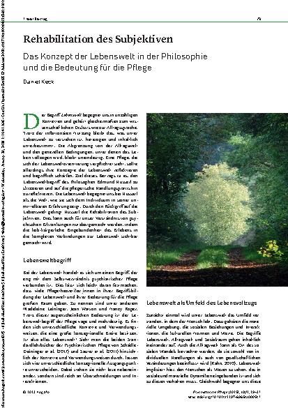 Vorschauseite 1: Rehabilitation des Subjektiven: Das Konzept der Lebenswelt in der Philosophie und die Bedeutung für die Pflege