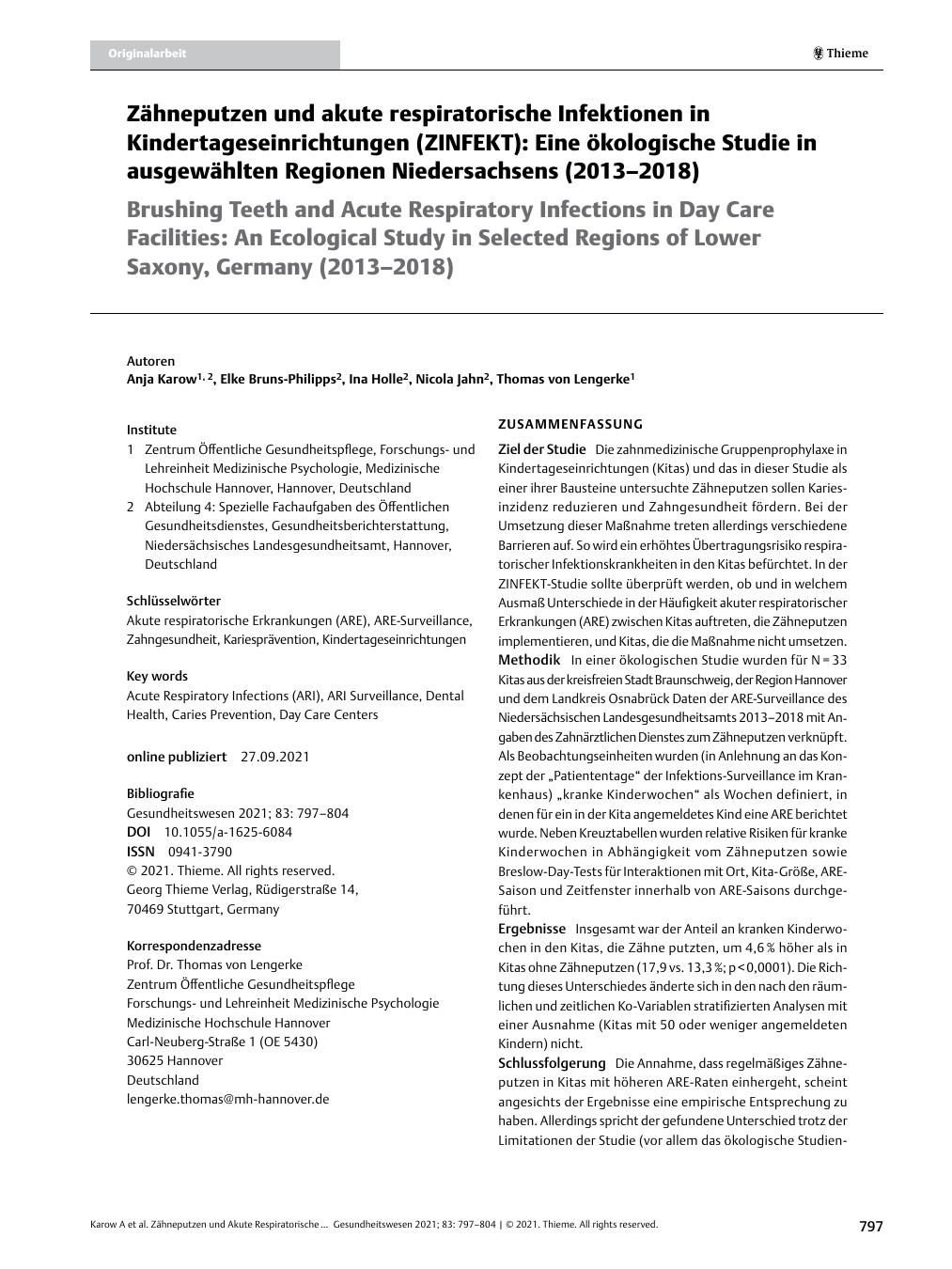 Vorschauseite 1: Zähneputzen und akute respiratorische Infektionen in Kindertageseinrichtungen (ZINFEKT): Eine ökologische Studie in ausgewählten Regionen Niedersachsens (2013–2018)