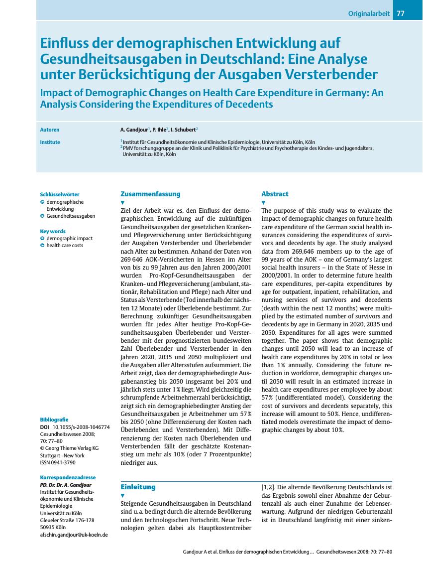 Vorschauseite 1: Einfluss der demographischen Entwicklung auf Gesundheitsausgaben in Deutschland: Eine Analyse unter Berücksichtigung der Ausgaben Versterbender