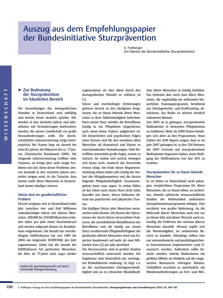Vorschauseite 1: Auszug aus dem Empfehlungspapier der Bundesinitiative Sturzprävention