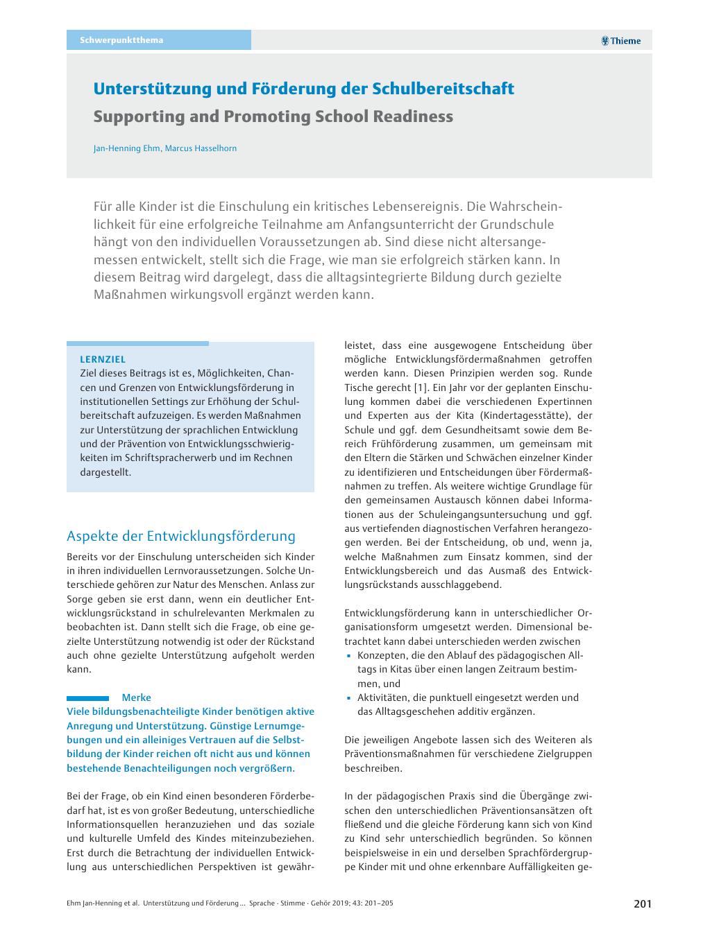 Vorschauseite 1: Unterstützung und Förderung der Schulbereitschaft