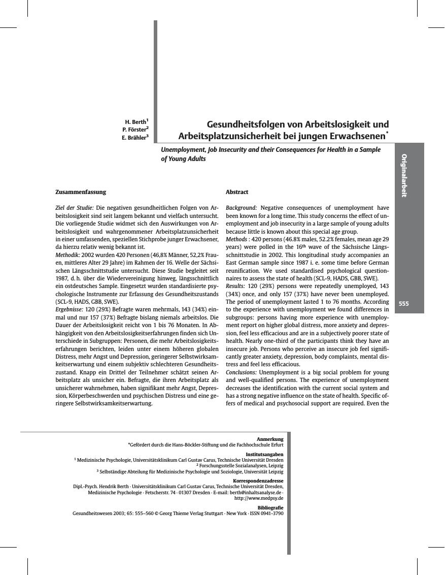 Vorschauseite 1: Gesundheitsfolgen von Arbeitslosigkeit und Arbeitsplatzunsicherheit bei jungen Erwachsenen
