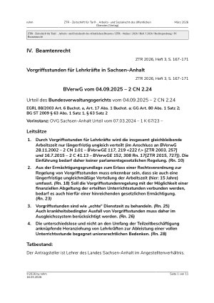 Vorschauseite 1: IV. Beamtenrecht Vorgriffsstunden für Lehrkräfte in Sachsen-Anhalt