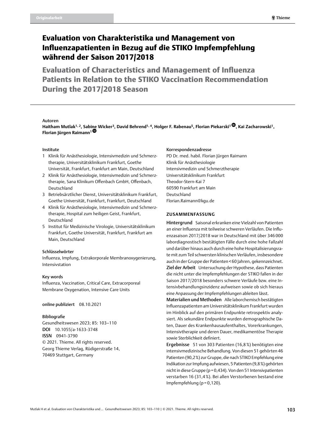 Vorschauseite 1: Evaluation von Charakteristika und Management von Influenzapatienten in Bezug auf die STIKO Impfempfehlung während der Saison 2017/2018
