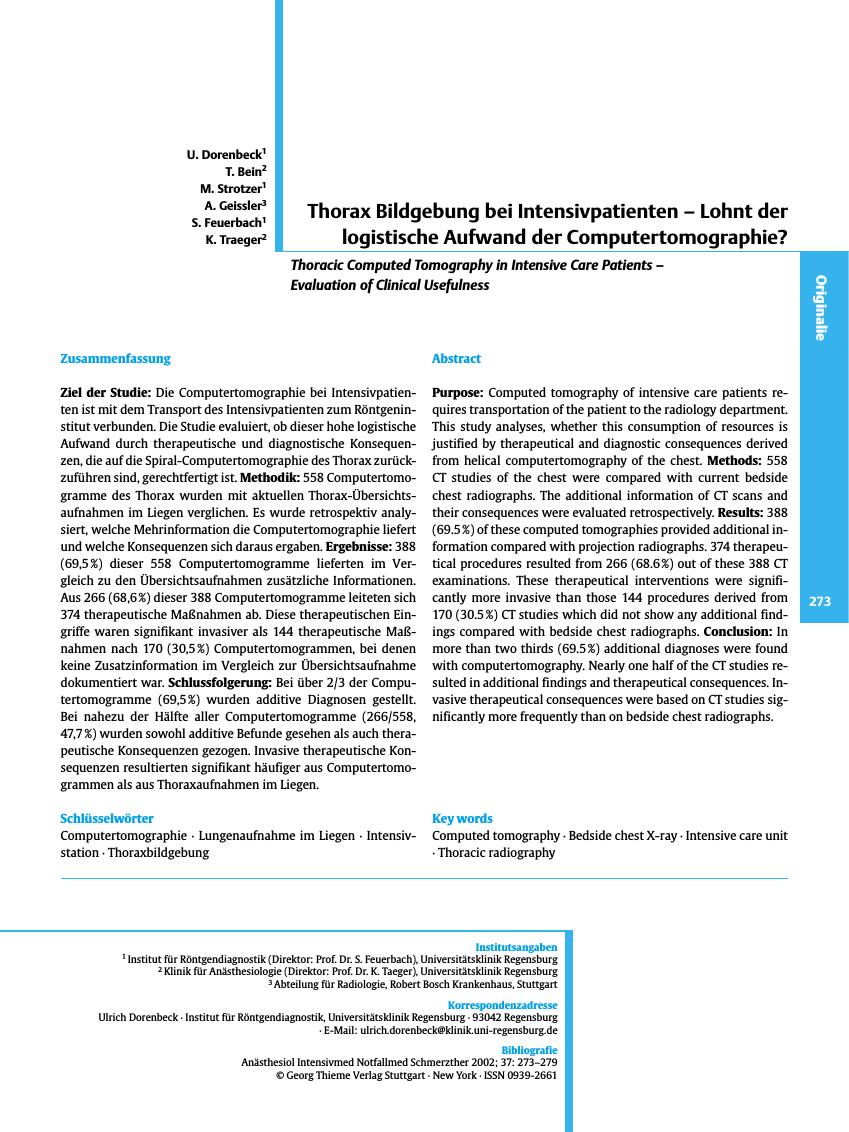 Vorschauseite 1: Thorax Bildgebung bei Intensivpatienten - Lohnt der logistische Aufwand der Computertomographie?