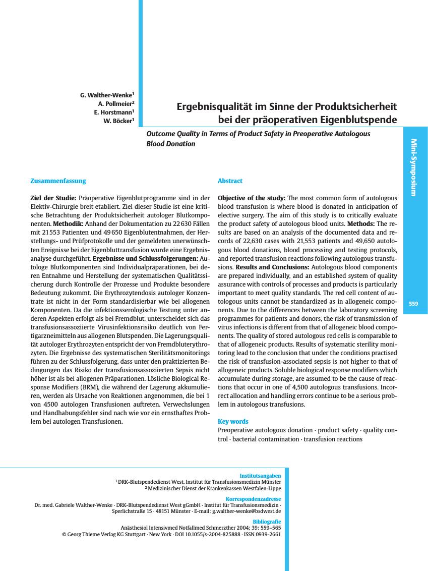 Vorschauseite 1: Ergebnisqualität im Sinne der Produktsicherheit bei der präoperativen Eigenblutspende