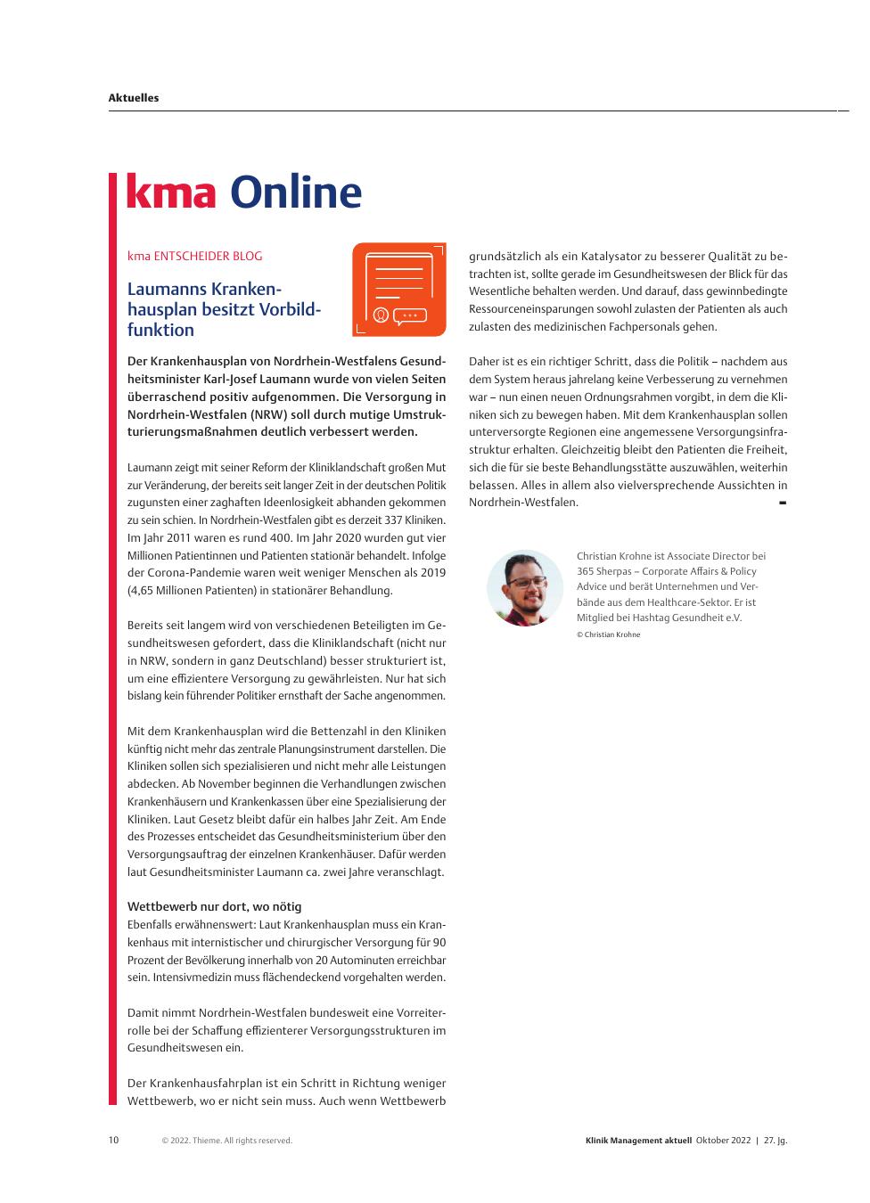 Vorschauseite 1: KMA Entscheider-Blog: Laumanns Krankenhausplan besitzt Vorbildfunktion