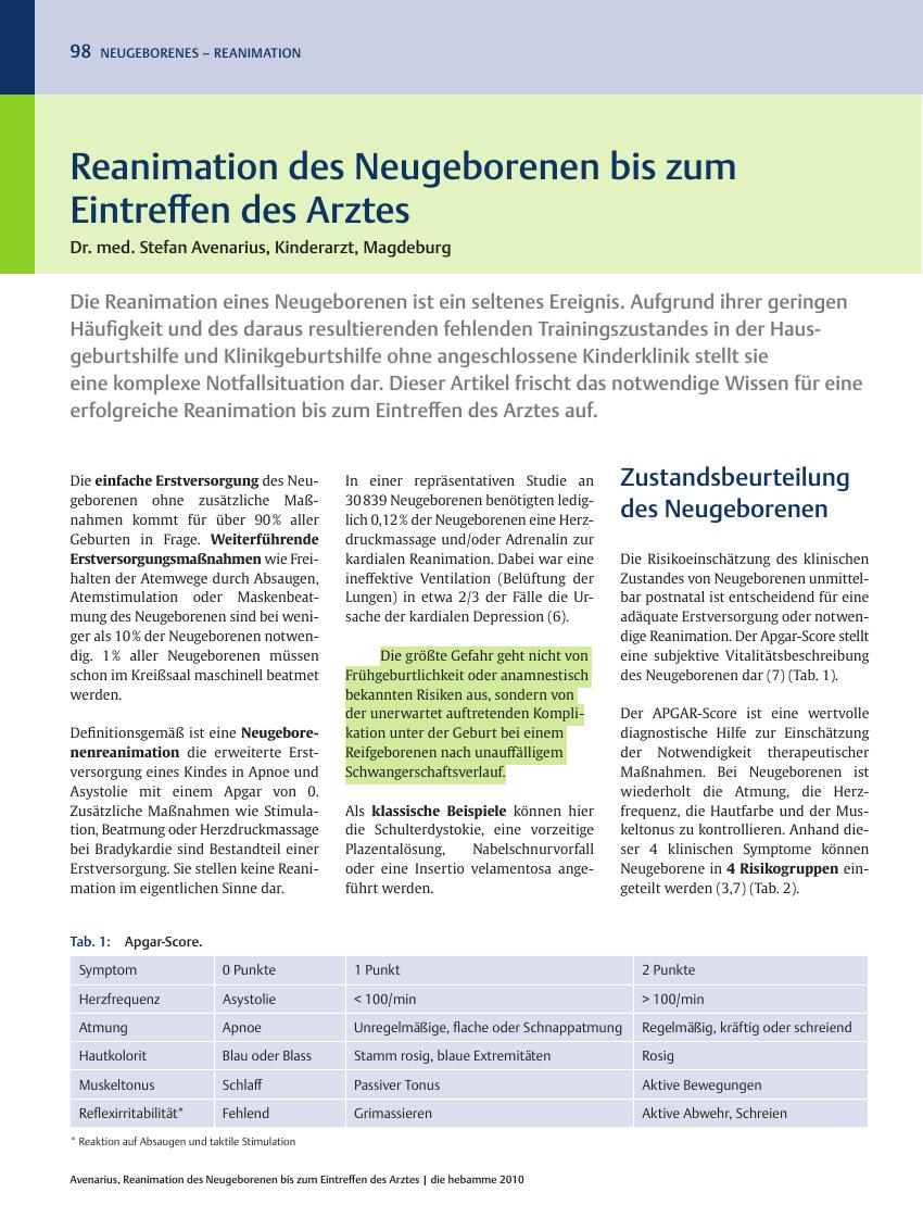 Vorschauseite 1: Reanimation des Neugeborenen bis zum Eintreffen des Arztes