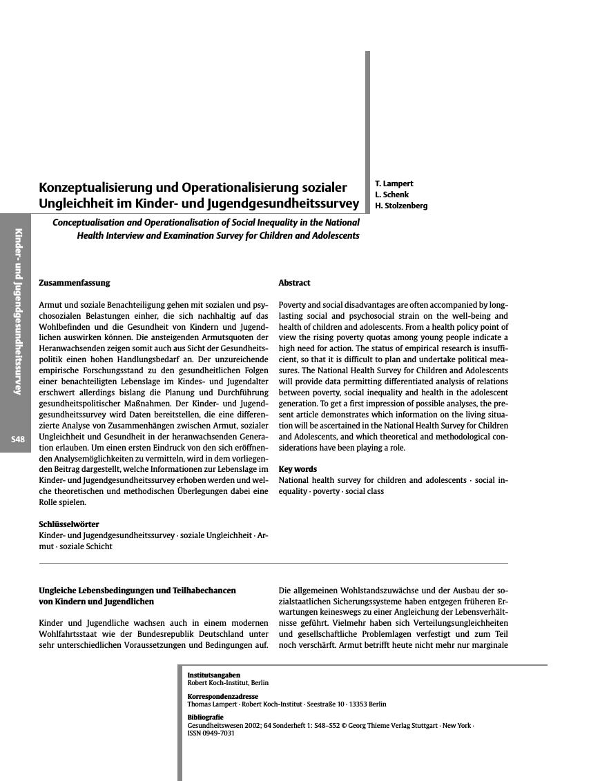 Vorschauseite 1: Konzeptualisierung und Operationalisierung sozialer Ungleichheit im Kinderund Jugendgesundheitssurvey