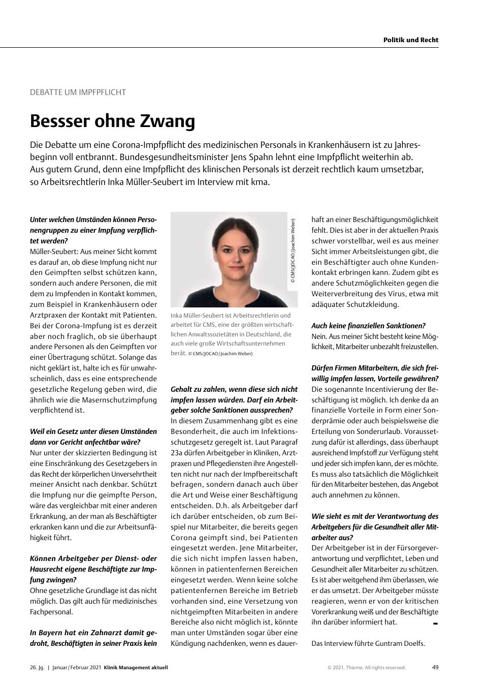 Vorschauseite 1: Debatte um Impfpflicht: Besser ohne Zwang