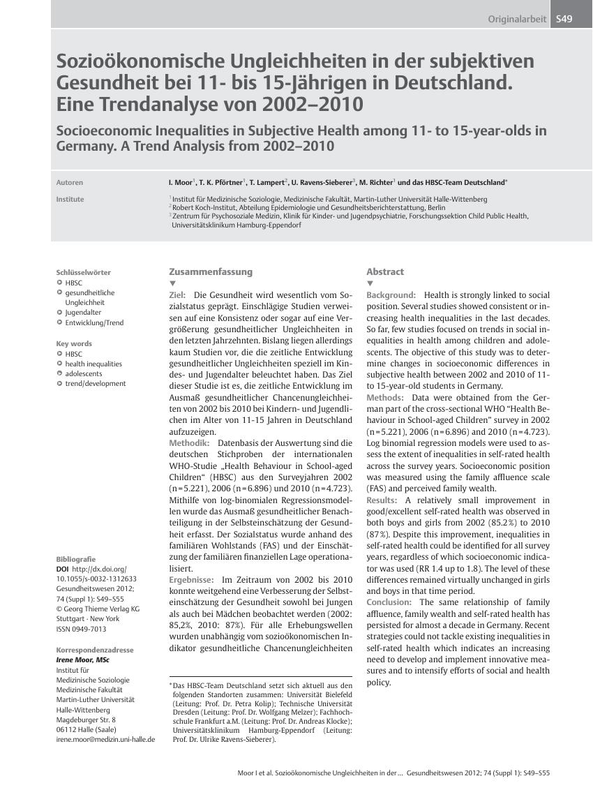 Vorschauseite 1: Sozioökonomische Ungleichheiten in der subjektiven Gesundheit bei 11- bis 15-Jährigen in Deutschland. Eine Trendanalyse von 2002 – 2010