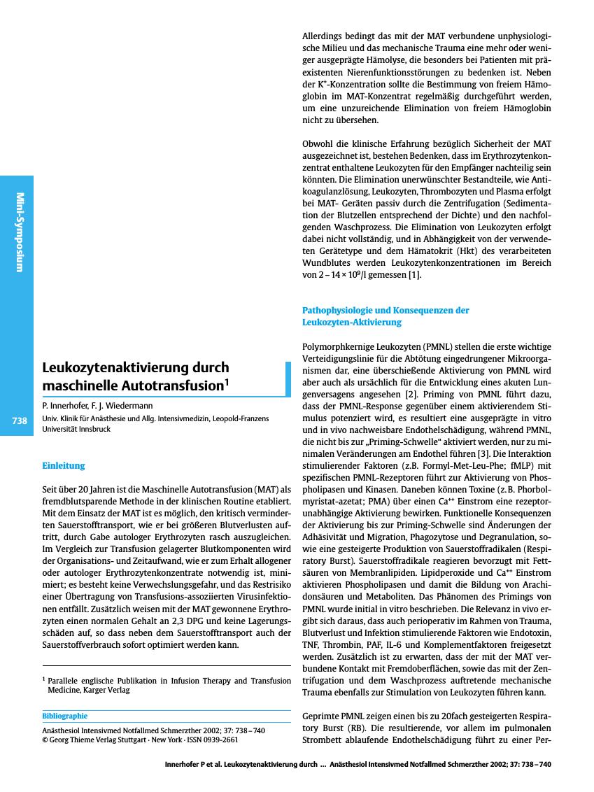 Vorschauseite 1: Leukozytenaktivierung durch maschinelle Autotransfusion