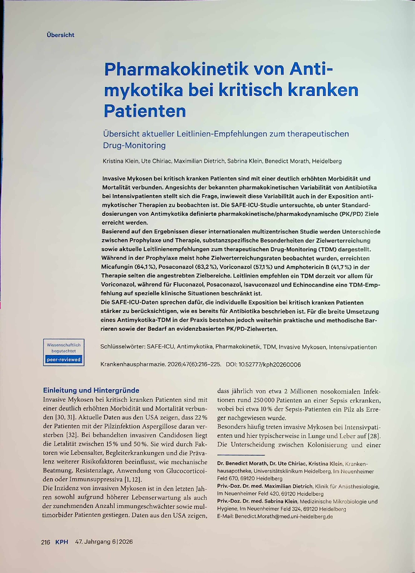 Vorschauseite 1: Pharmakokinetik von Antimykotika bei kritisch kranken Patienten