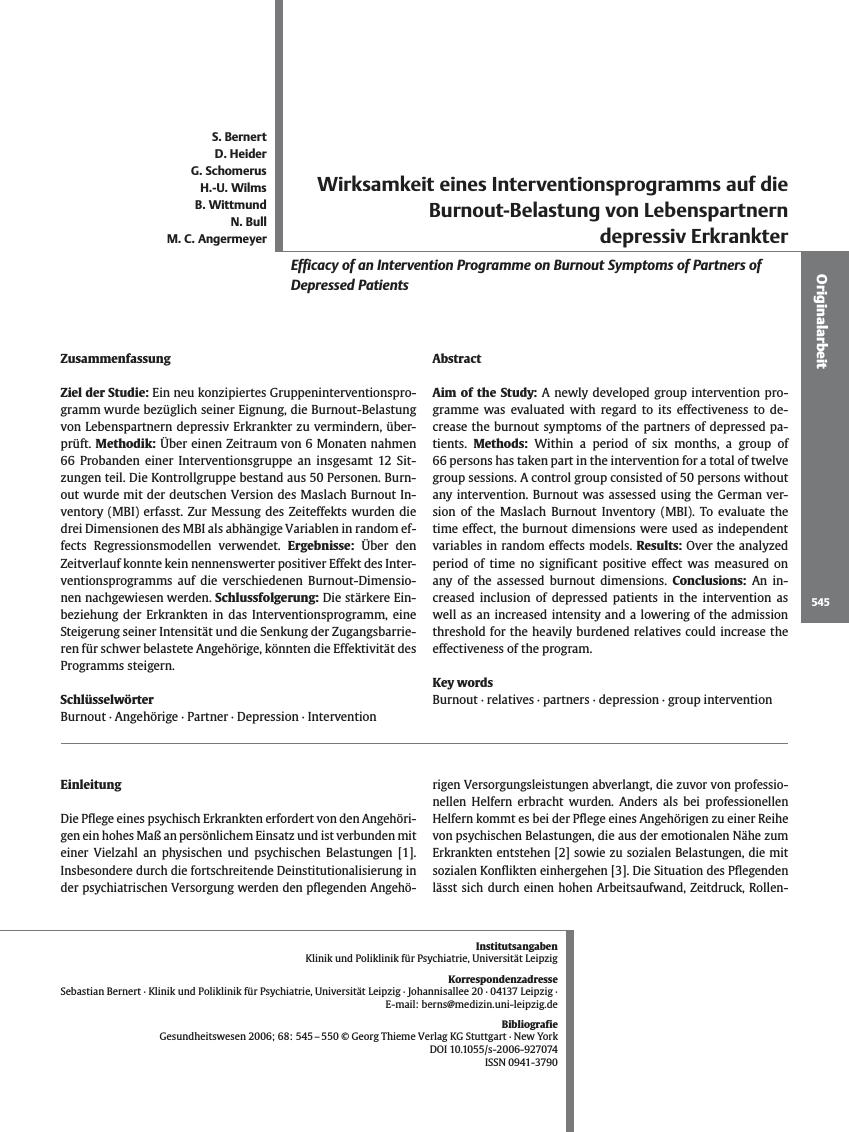 Vorschauseite 1: Wirksamkeit eines Interventionsprogramms auf die Burnout-Belastung von Lebenspartnern depressiv Erkrankter