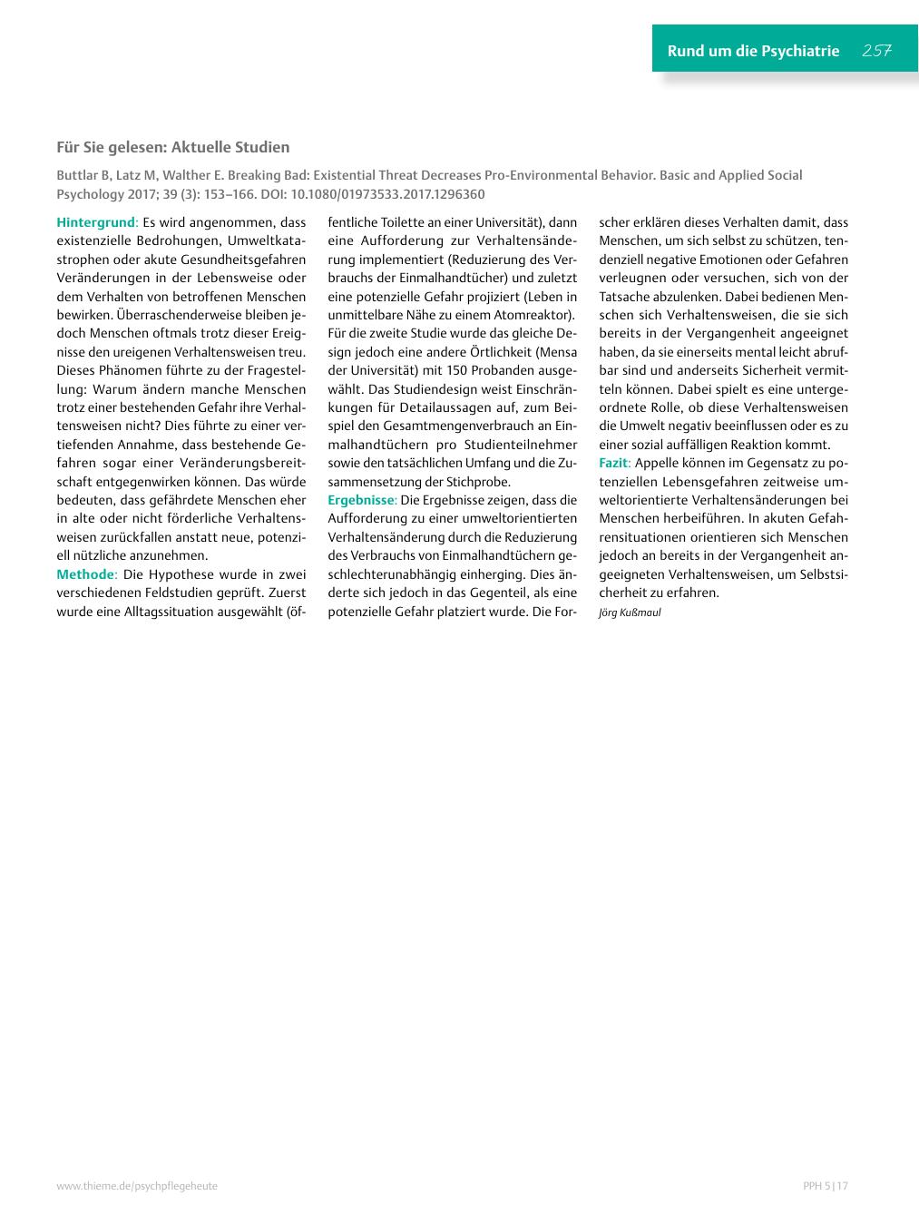Vorschauseite 1: Für Sie gelesen: Buttlar B, Latz M, Walther E. Breaking Bad: Existential Threat Decreases Pro-Environmental Behavior. Basic and Applied Social Psychology 2017; 39 (3): 153–166. DO…