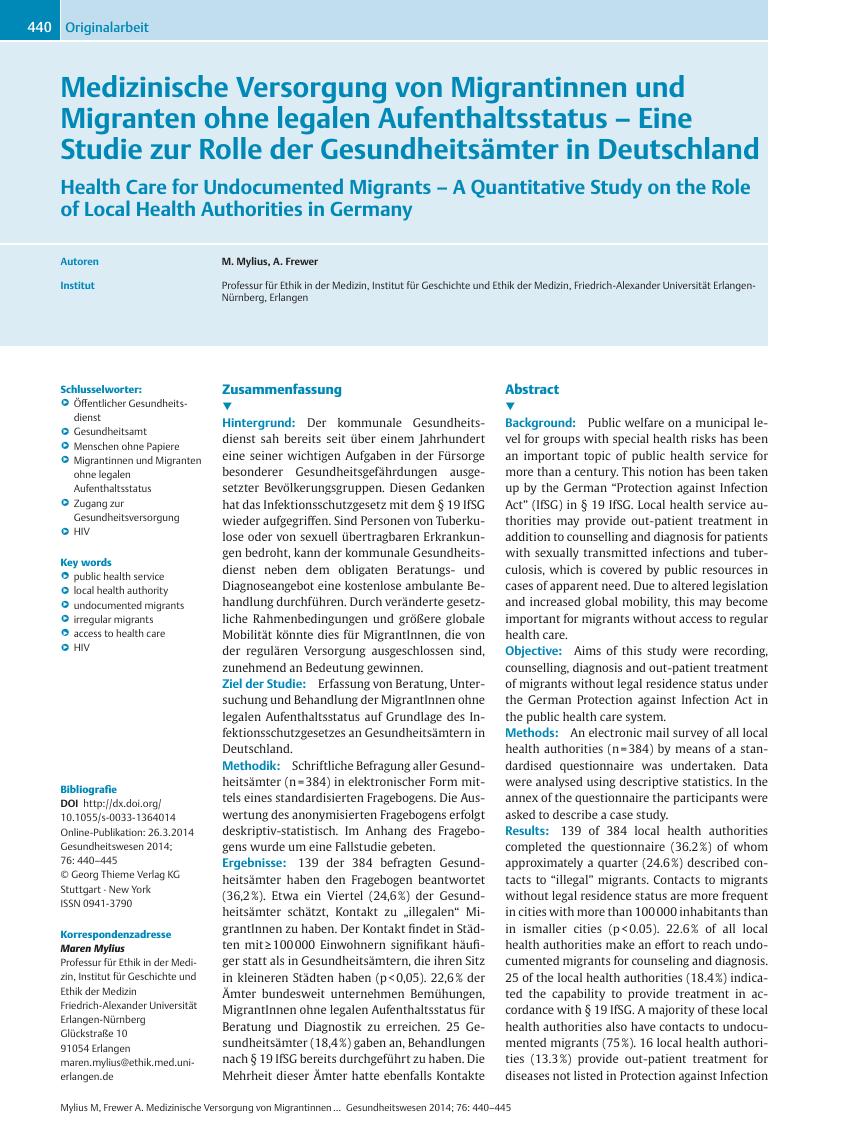 Vorschauseite 1: Medizinische Versorgung von Migrantinnen und Migranten ohne legalen Aufenthaltsstatus – Eine Studie zur Rolle der Gesundheitsämter in Deutschland