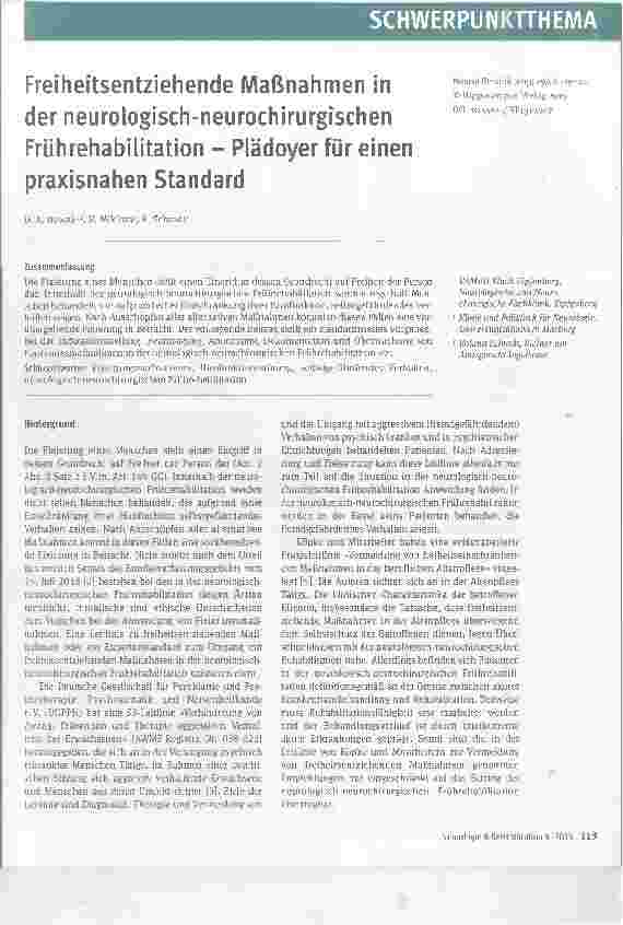 Vorschauseite 1: Freiheitsentziehende Maßnahmen in derneurologisch-neurochirurgischen Frührehabilitation - Plädoyer für einen praxisnahen Standard