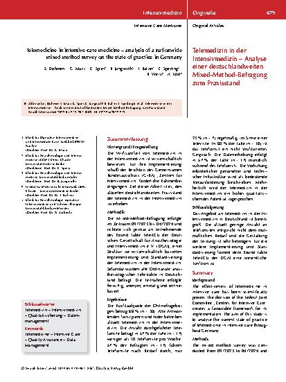 Vorschauseite 1: Telemedizin in der Intensivmedizin – Analyse einer deutschlandweiten Mixed-Method-Befragung zum Praxisstand
