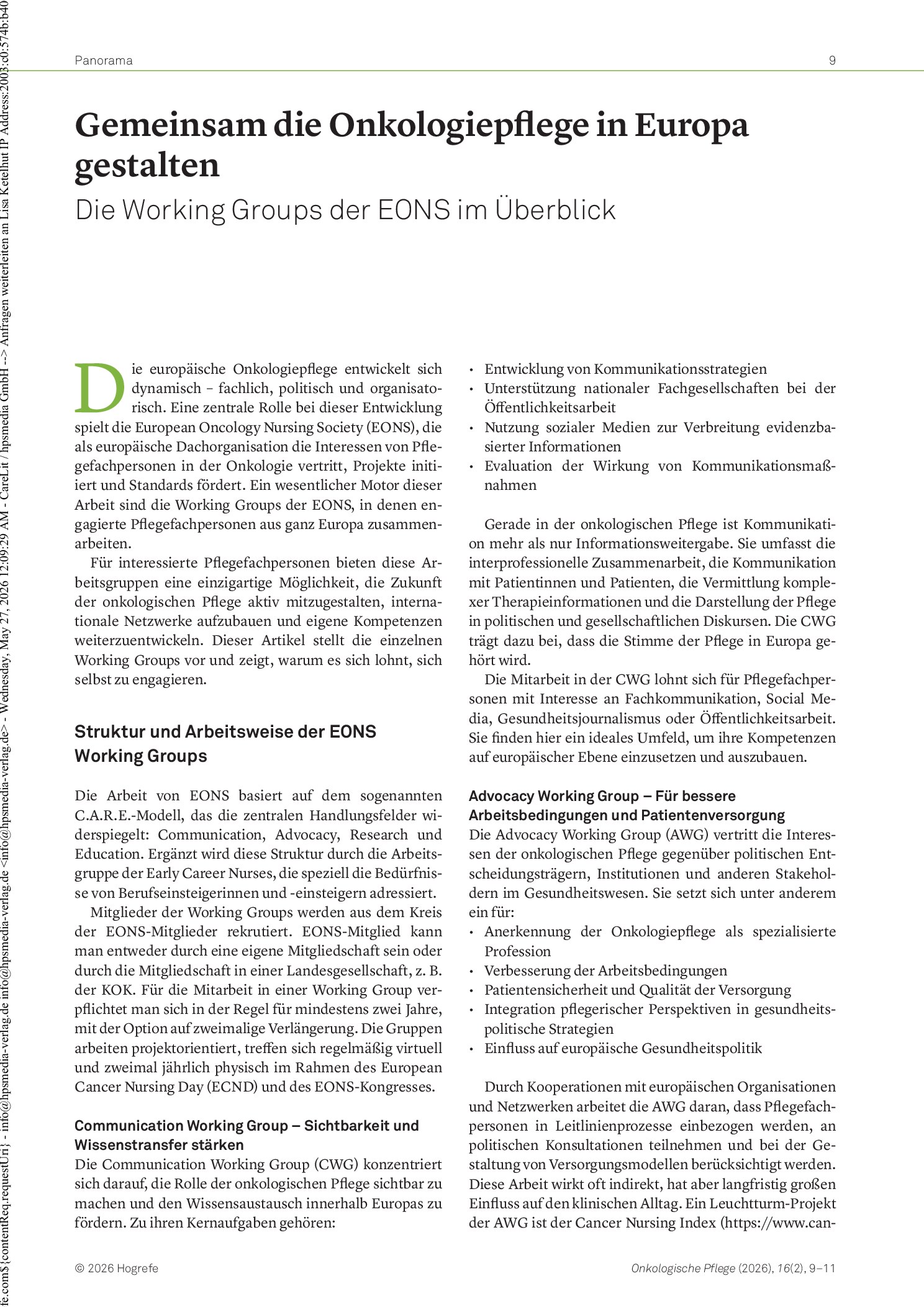 Vorschauseite 1: Gemeinsam die Onkologiepflege in Europa gestalten: Die Working Groups der EONS im Überblick