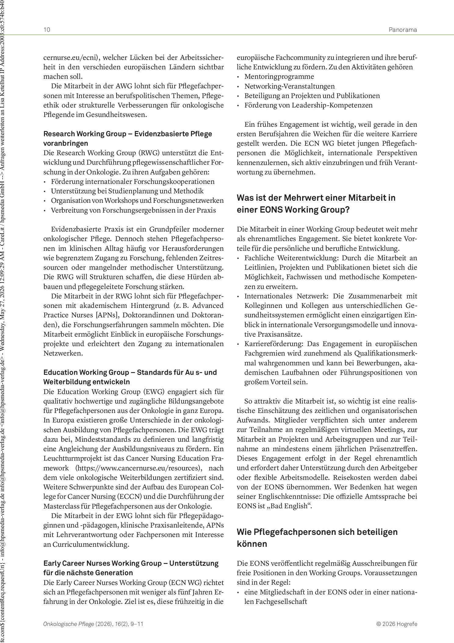 Vorschauseite 2: Gemeinsam die Onkologiepflege in Europa gestalten: Die Working Groups der EONS im Überblick