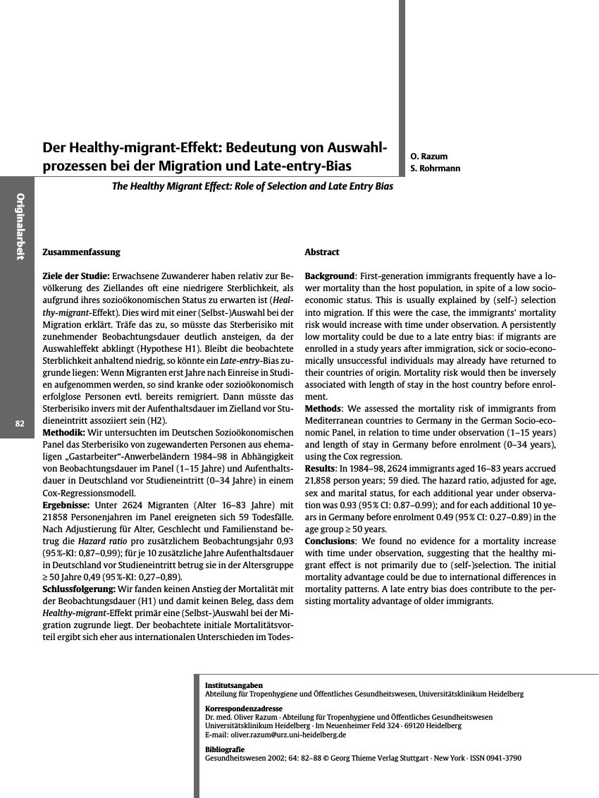 Vorschauseite 1: Der Healthy-migrant-Effekt: Bedeutung von Auswahlprozessen bei der Migration und Late-entry-Bias