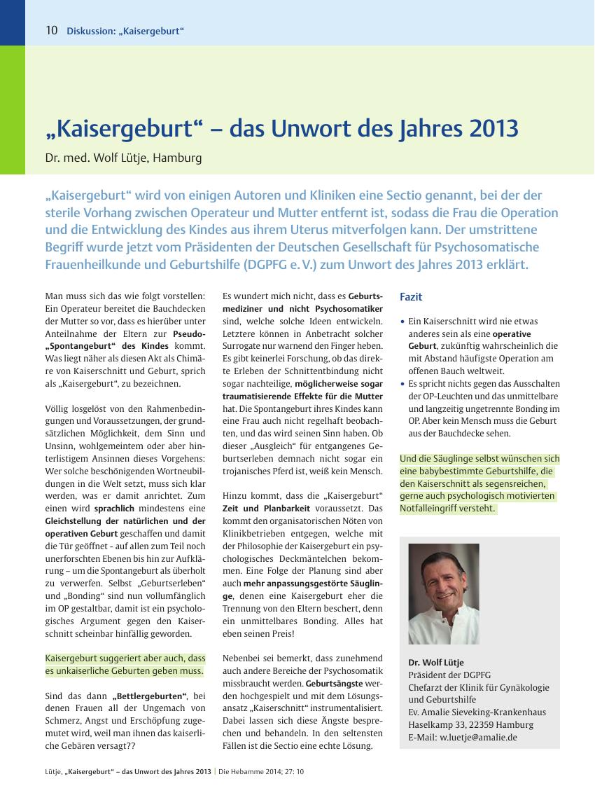 Vorschauseite 1: ?Kaisergeburt? ? das Unwort des Jahres 2013