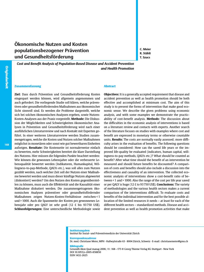 Vorschauseite 1: Ökonomische Nutzen und Kosten populationsbezogener Prävention und Gesundheitsförderung