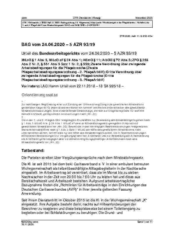 Vorschauseite 1: BAG vom 24.06.2020 – 5 AZR 93/19 Urteil des Bundesarbeitsgerichts vom 24.06.2020 – 5 AZR 93/19 MiLoG § 1 Abs. 3, MiLoG aF § 24 Abs. 1; AEntG § 11; ArbGG § 72 Abs. 5; ZPO § 253 Abs…