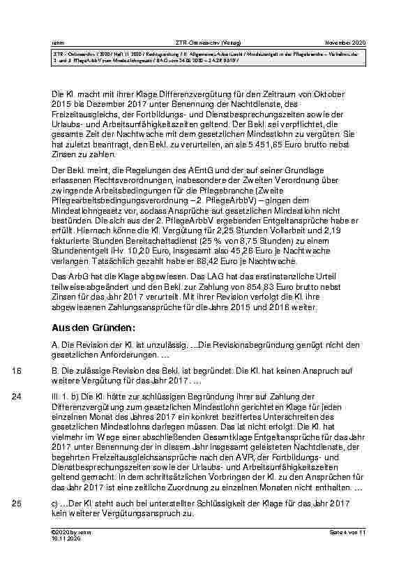 Vorschauseite 4: BAG vom 24.06.2020 – 5 AZR 93/19 Urteil des Bundesarbeitsgerichts vom 24.06.2020 – 5 AZR 93/19 MiLoG § 1 Abs. 3, MiLoG aF § 24 Abs. 1; AEntG § 11; ArbGG § 72 Abs. 5; ZPO § 253 Abs…