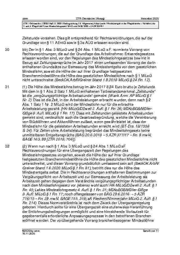 Vorschauseite 6: BAG vom 24.06.2020 – 5 AZR 93/19 Urteil des Bundesarbeitsgerichts vom 24.06.2020 – 5 AZR 93/19 MiLoG § 1 Abs. 3, MiLoG aF § 24 Abs. 1; AEntG § 11; ArbGG § 72 Abs. 5; ZPO § 253 Abs…