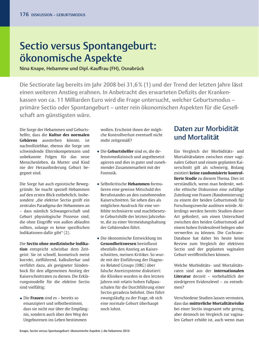 Vorschauseite 1: Sectio versus Spontangeburt: ökonomische Aspekte