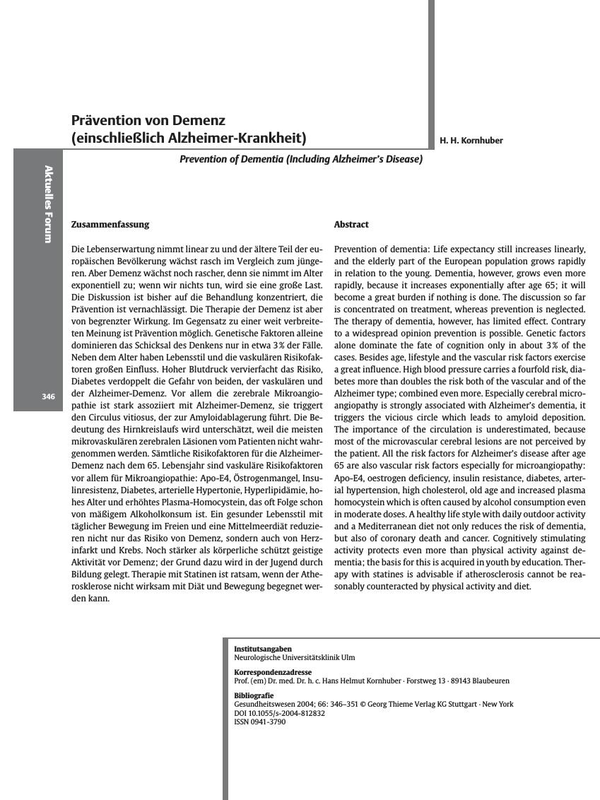 Vorschauseite 1: Prävention von Demenz (einschließlich Alzheimer-Krankheit)