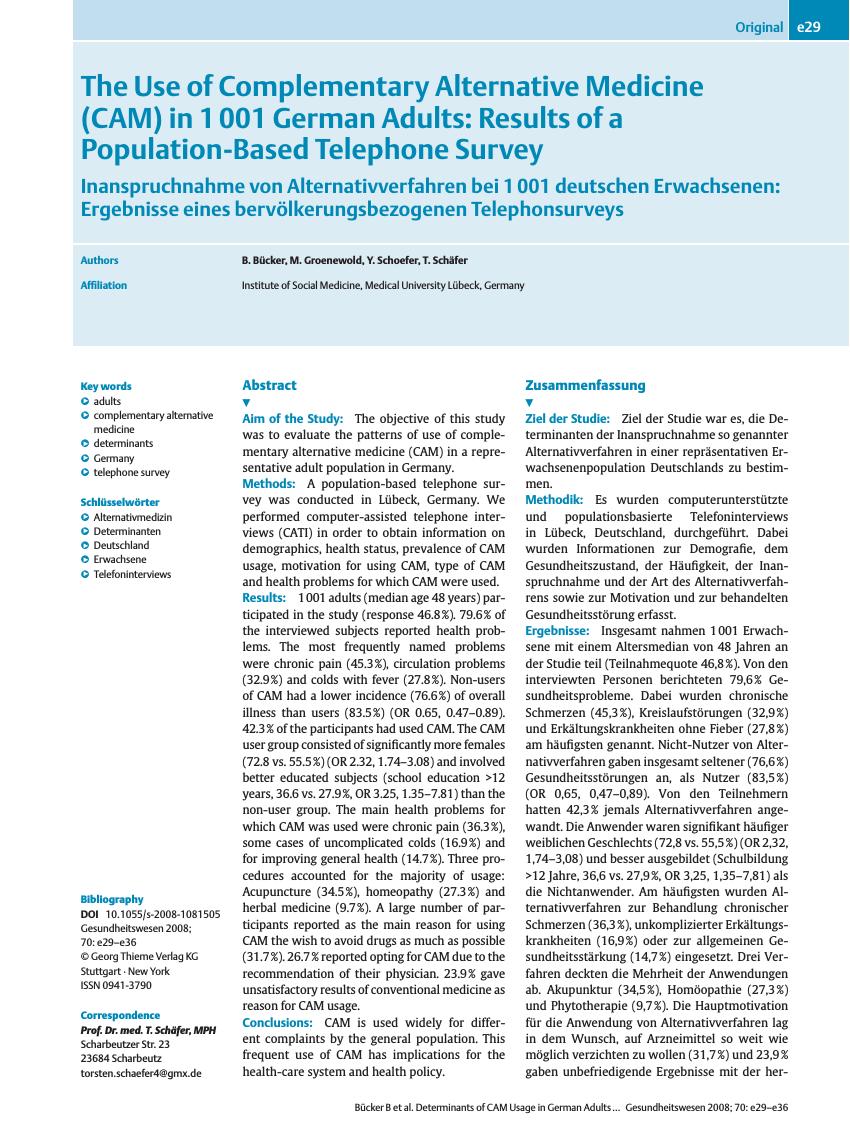 Vorschauseite 1: The Use of Complementary Alternative Medicine (CAM) in 1 001 German Adults: Results of a Population-Based Telephone Survey