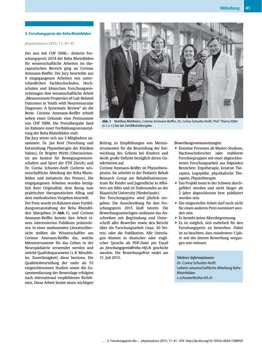 Vorschauseite 1: 3. Forschungspreis der Reha Rheinfelden